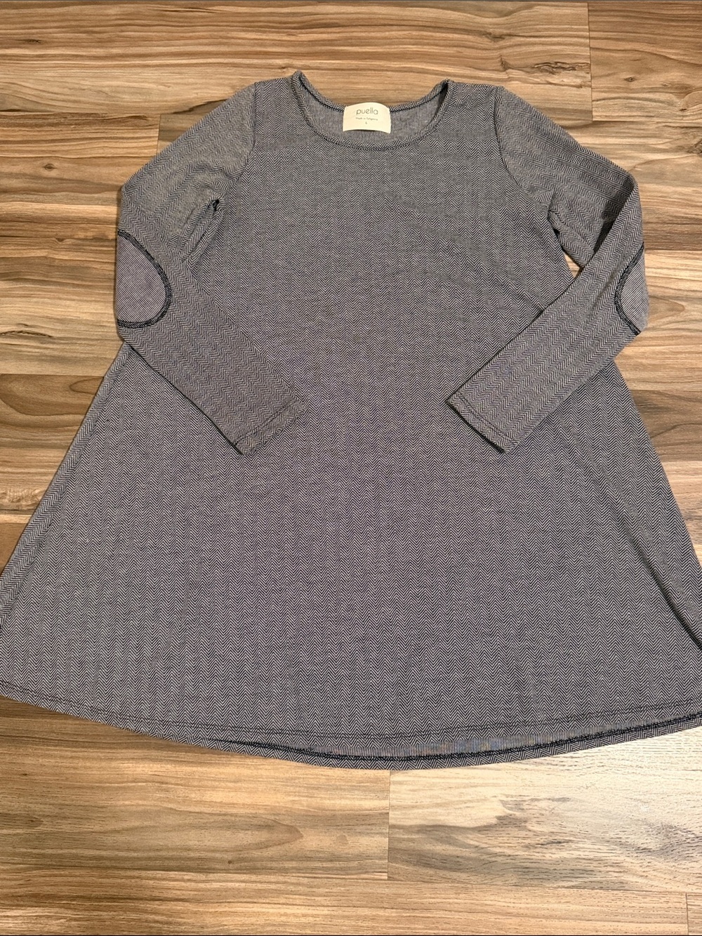 Puella Anthropologie Savant Gray Herringbone Swing Shift Dress Elbow Patch Sz. L